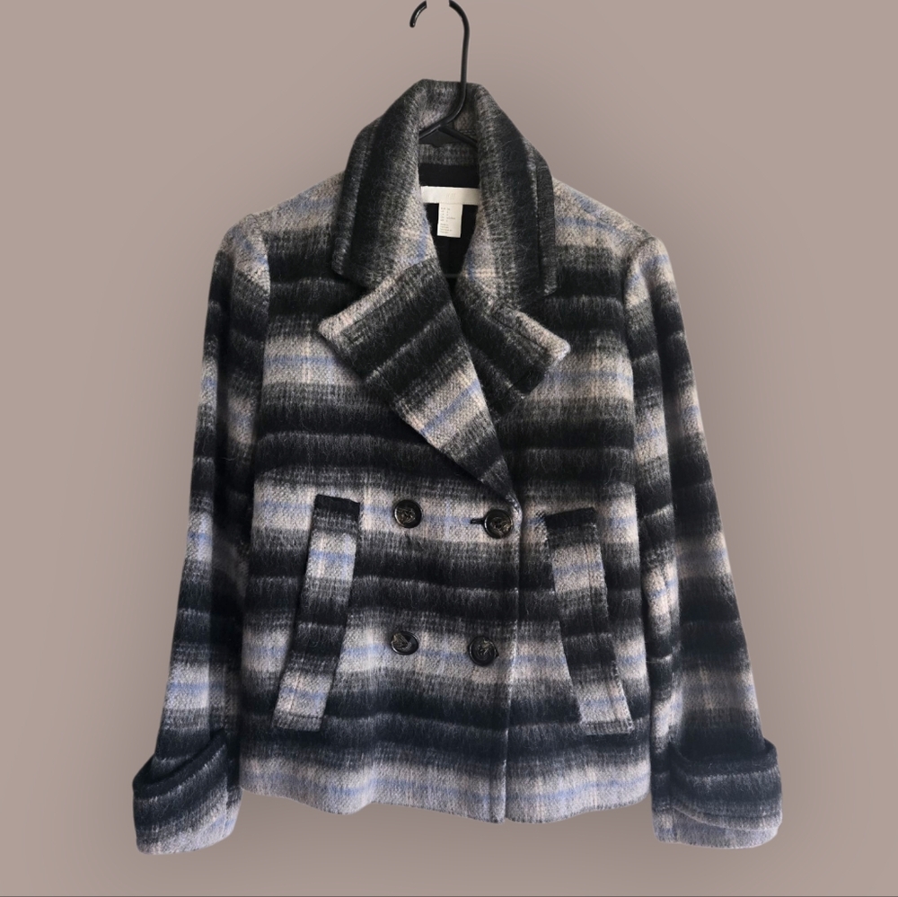 H&M WOOL PEACOAT BLACK GREY BLUE SIZE 6 Stylish Women's Striped Jacket 😍